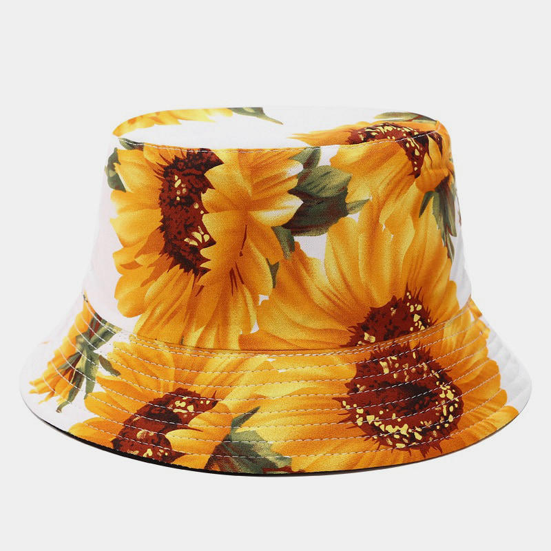 BK00074 Sombrero de cubo reversible para mujer con estampado de girasoles