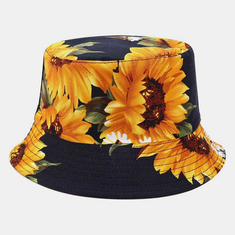 BK00074 Sombrero de cubo reversible para mujer con estampado de girasoles
