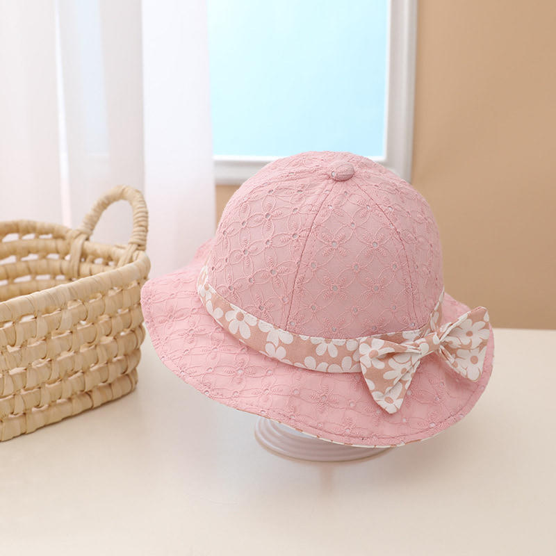 BK00012 Sombrero de pescador para niños con encaje y lazo estampado dulce