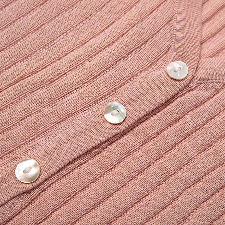 SM-K0005 Cárdigan de punto de lino corto con rayas verticales Chaqueta de protección solar con botón de concha de verano para mujer