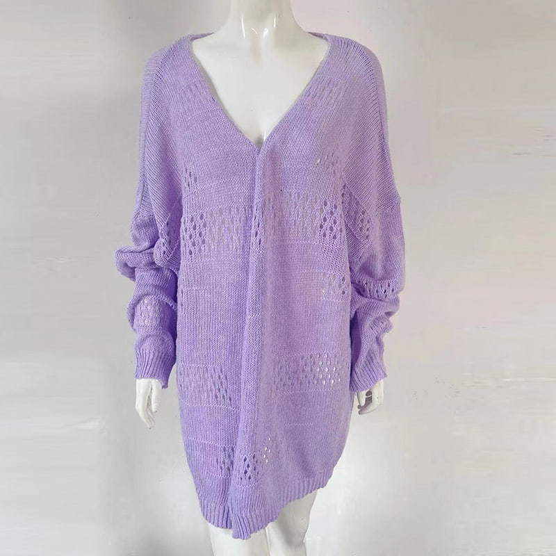 SM-K0081 Abrigo de suéter tipo cárdigan de punto con cuello en V de color sólido