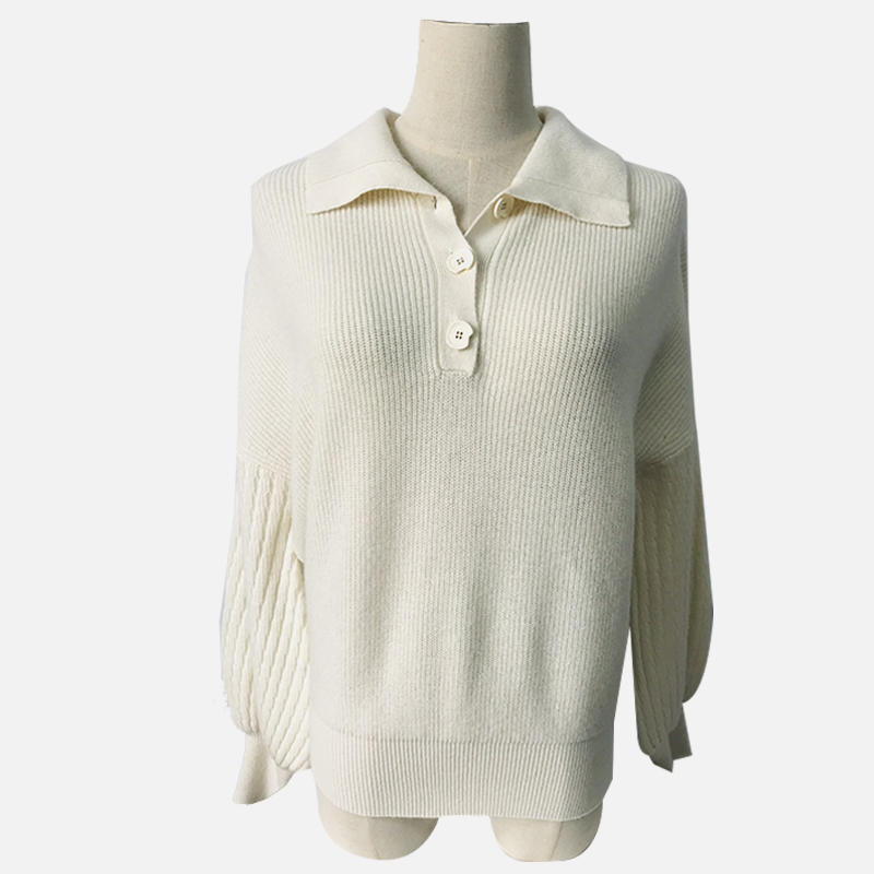 SY104 Suéter de punto de lana informal con solapa de manga larga estilo universitario blanco