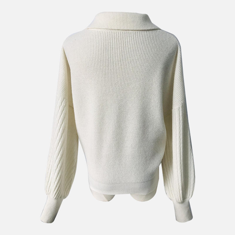 SY104 Suéter de punto de lana informal con solapa de manga larga estilo universitario blanco